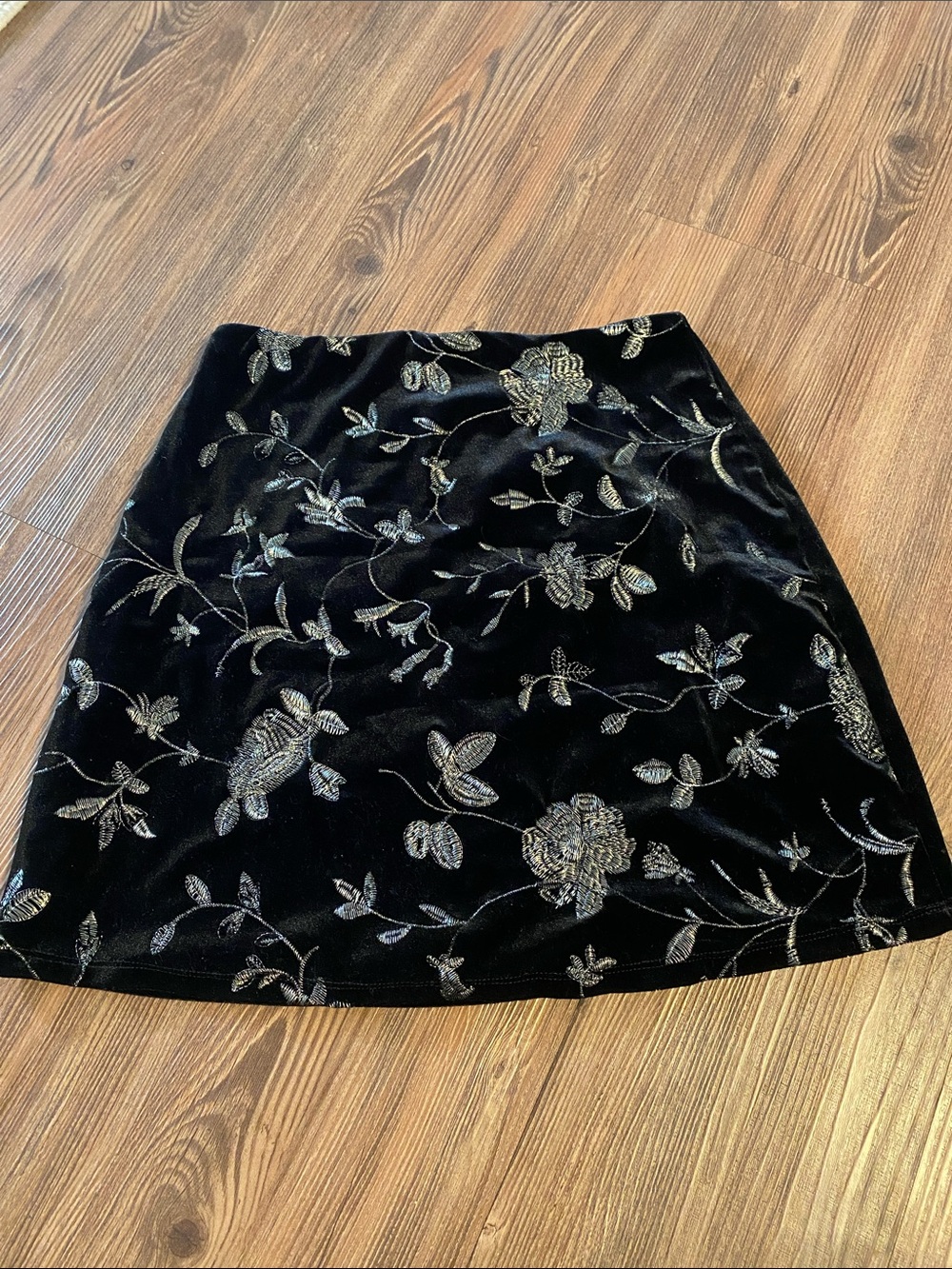 Blue Rain Black Velvet Mini Skirt with Gold Floral Embroidery